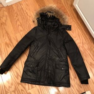 Theory Black Down Coat with Fur